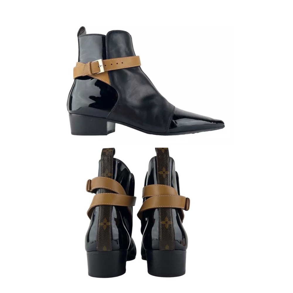 $1,600 Louis Vuitton Monogram Black Brown Leather Pointed Toe Ankle Boots Sz 7.5